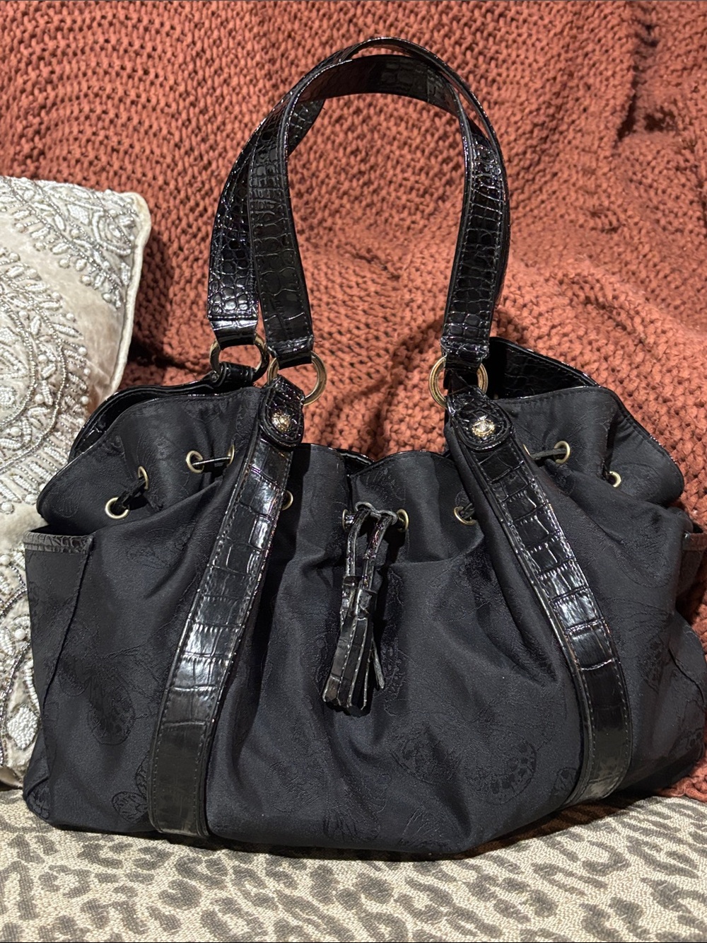 Vintage Liz Claiborne purse black satin butterfly print reptile strap y2k bag